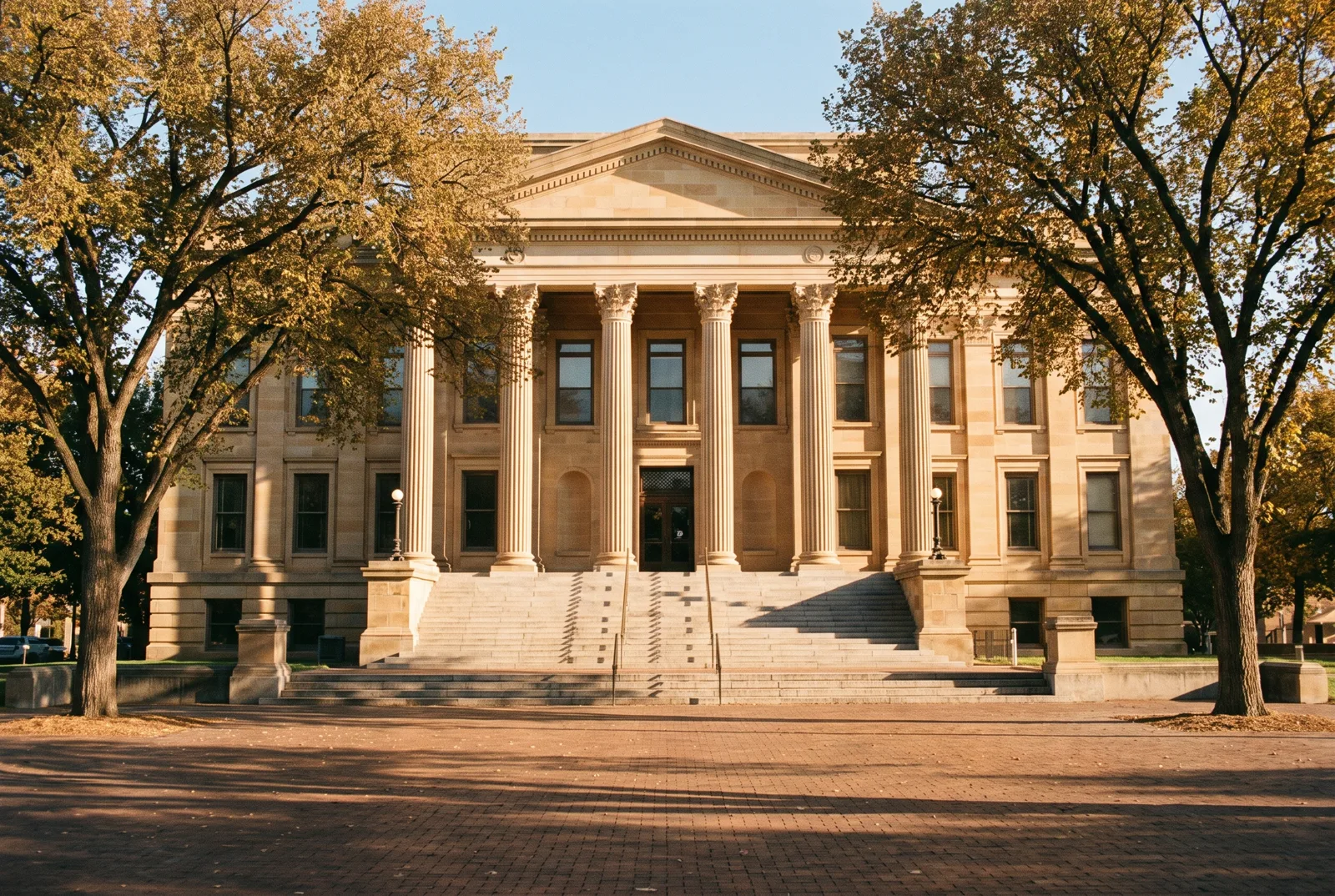 A dignified stone courthouse framed by elm trees in warm morning light