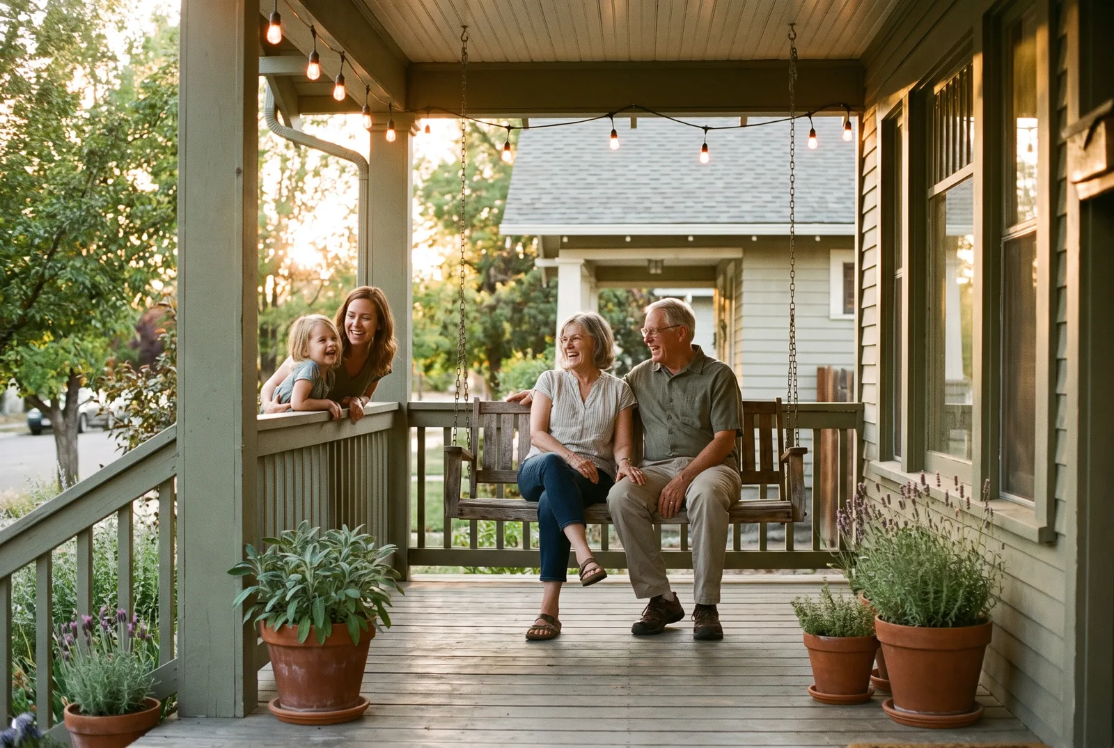 Grandparents laughing with their daughter and grandchild on a porch swing at golden hour