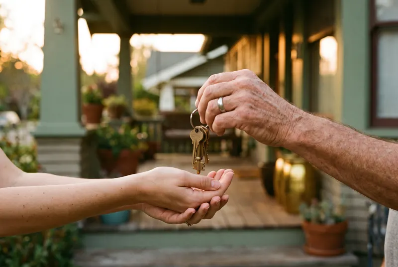 House keys being passed from one hand to another on a porch at golden hour