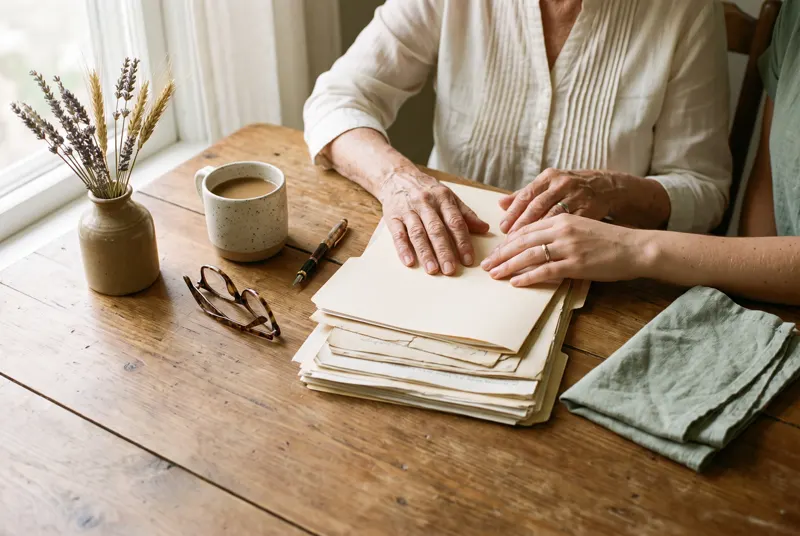 An older hand and a younger hand resting together on family documents at a warm kitchen table
