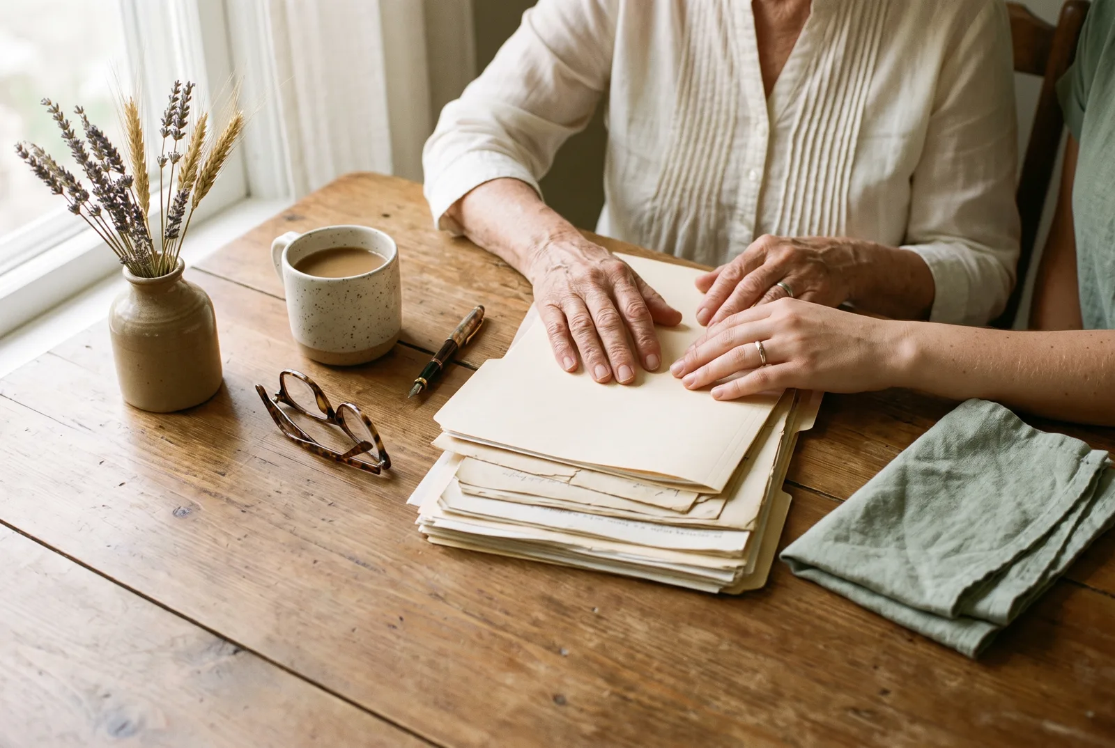 Two generations of hands resting on estate documents at a kitchen table in morning light